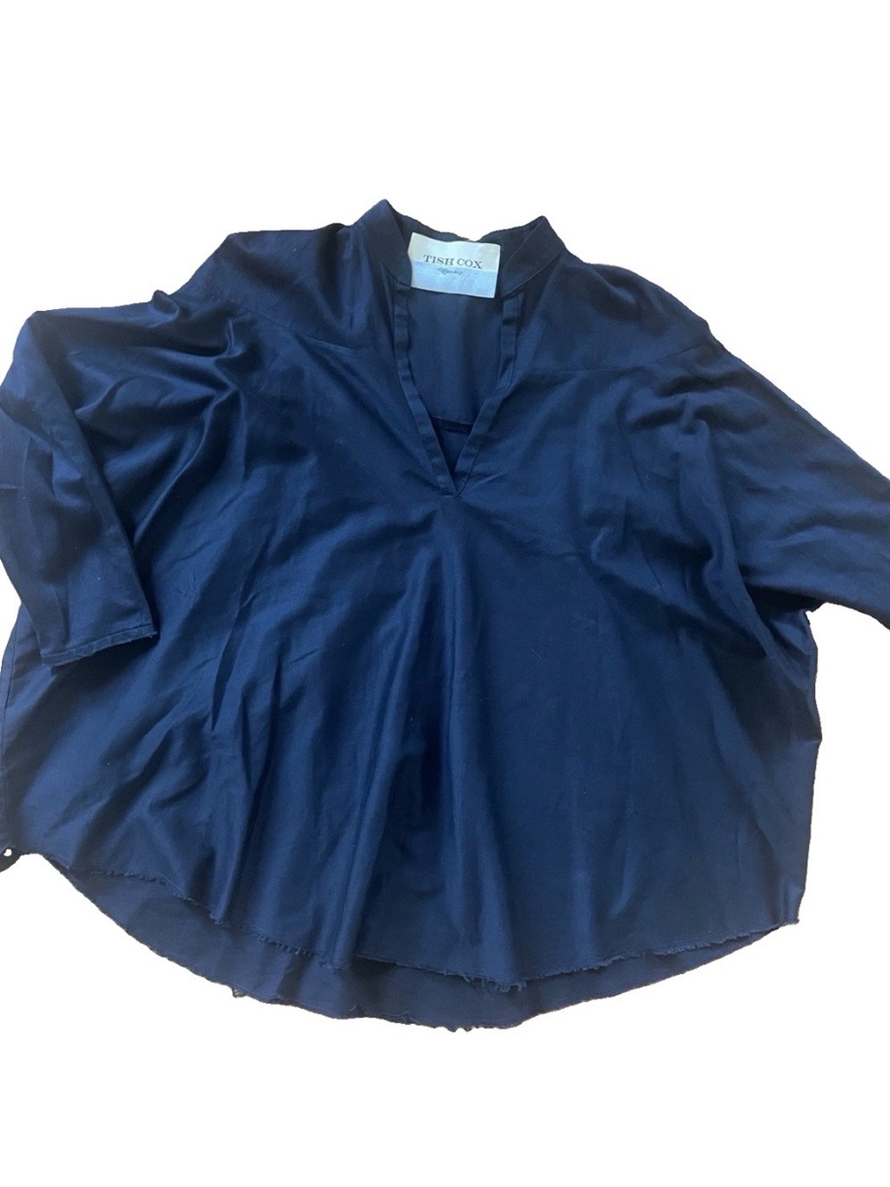Tish Cox Navy Oversized Dolman Sleeve Frayed Hem Silk V-Neck Blouse XS